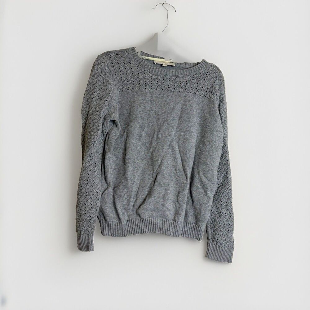 LOFT Womens L Gray Solid Knit Crew Neck Long Sleeve Pullover Sweater